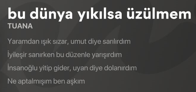 TUANA – bu dünya yıkılsa üzülmem Şarkı Sözleri